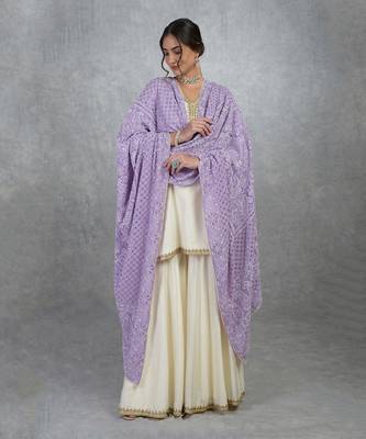 Mulled Grape Chikankari And Kamdani Hand Embroidered Pure Georgette Dupatta 1