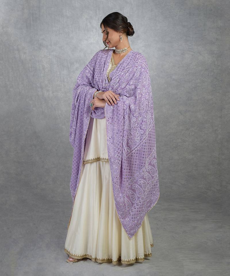 Mulled Grape Chikankari And Kamdani Hand Embroidered Pure Georgette Dupatta