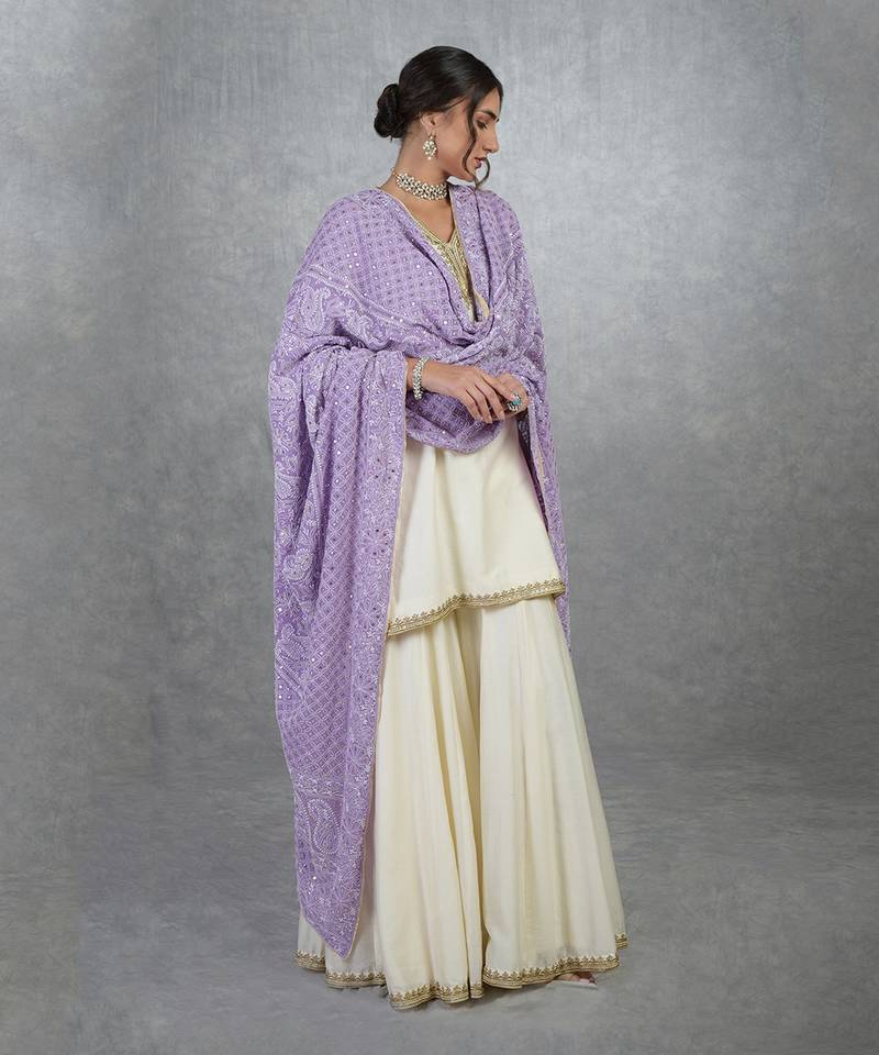 Mulled Grape Chikankari And Kamdani Hand Embroidered Pure Georgette Dupatta