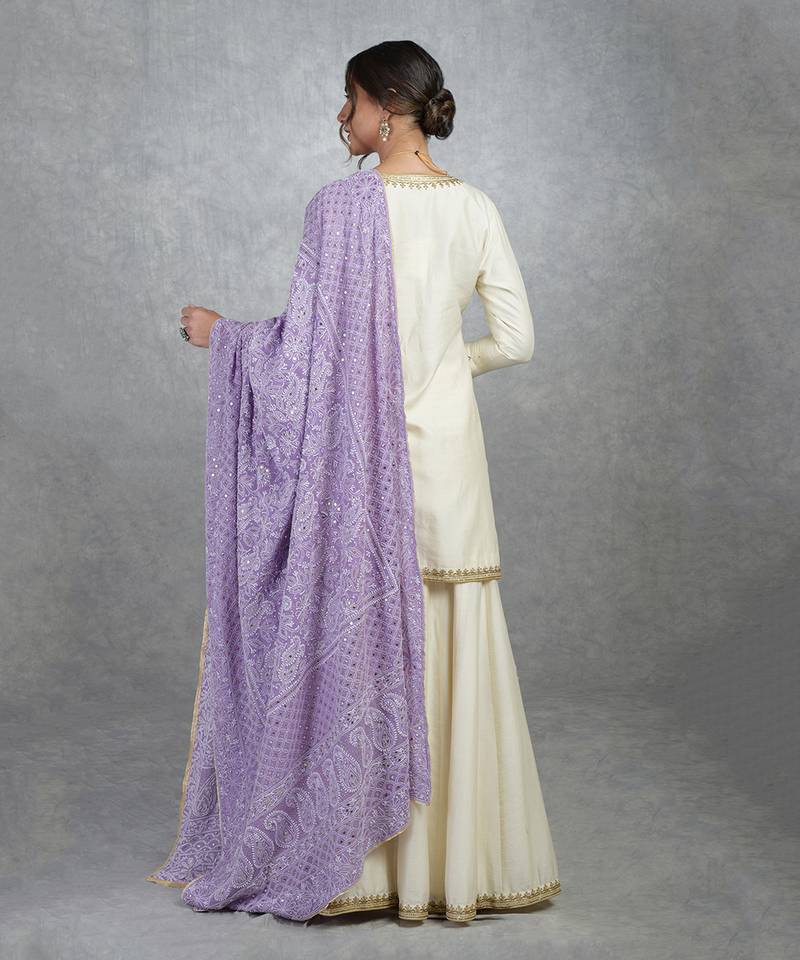 Mulled Grape Chikankari And Kamdani Hand Embroidered Pure Georgette Dupatta