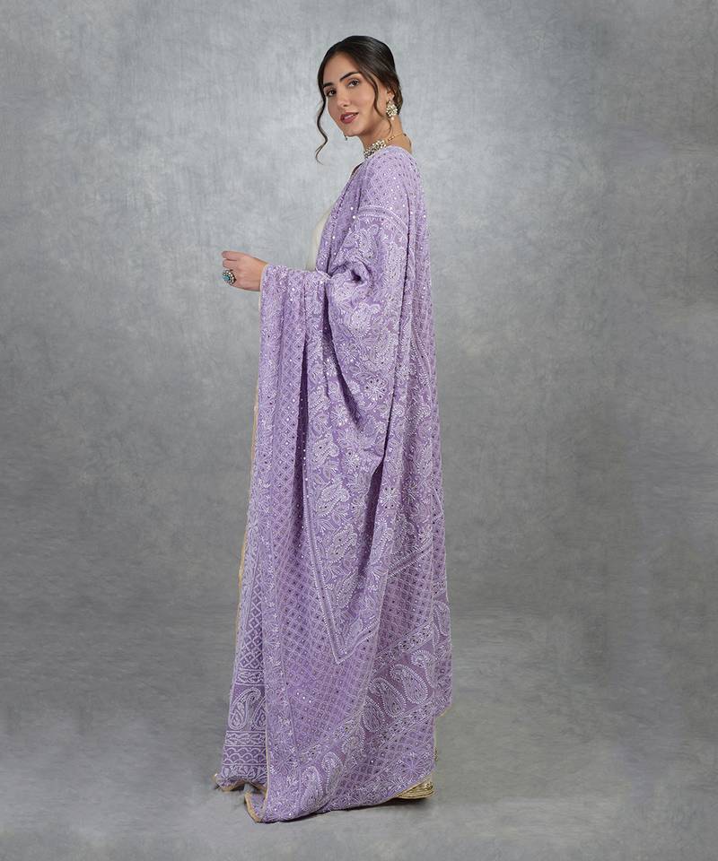Mulled Grape Chikankari And Kamdani Hand Embroidered Pure Georgette Dupatta
