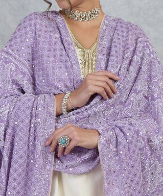 Mulled Grape Chikankari And Kamdani Hand Embroidered Pure Georgette Dupatta 6