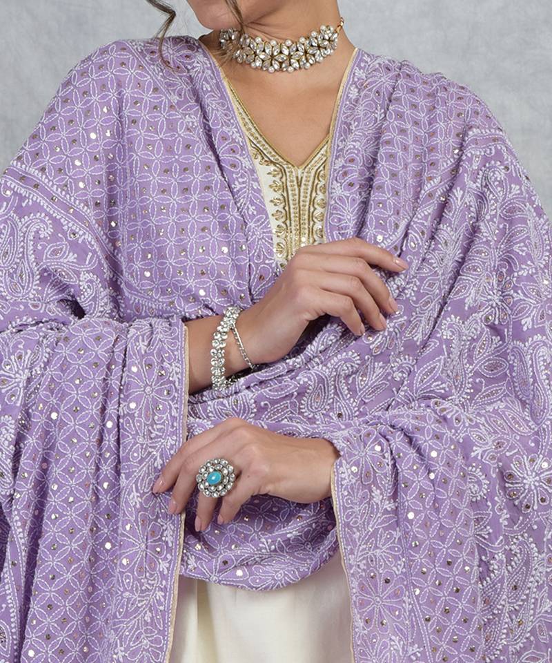 Mulled Grape Chikankari And Kamdani Hand Embroidered Pure Georgette Dupatta