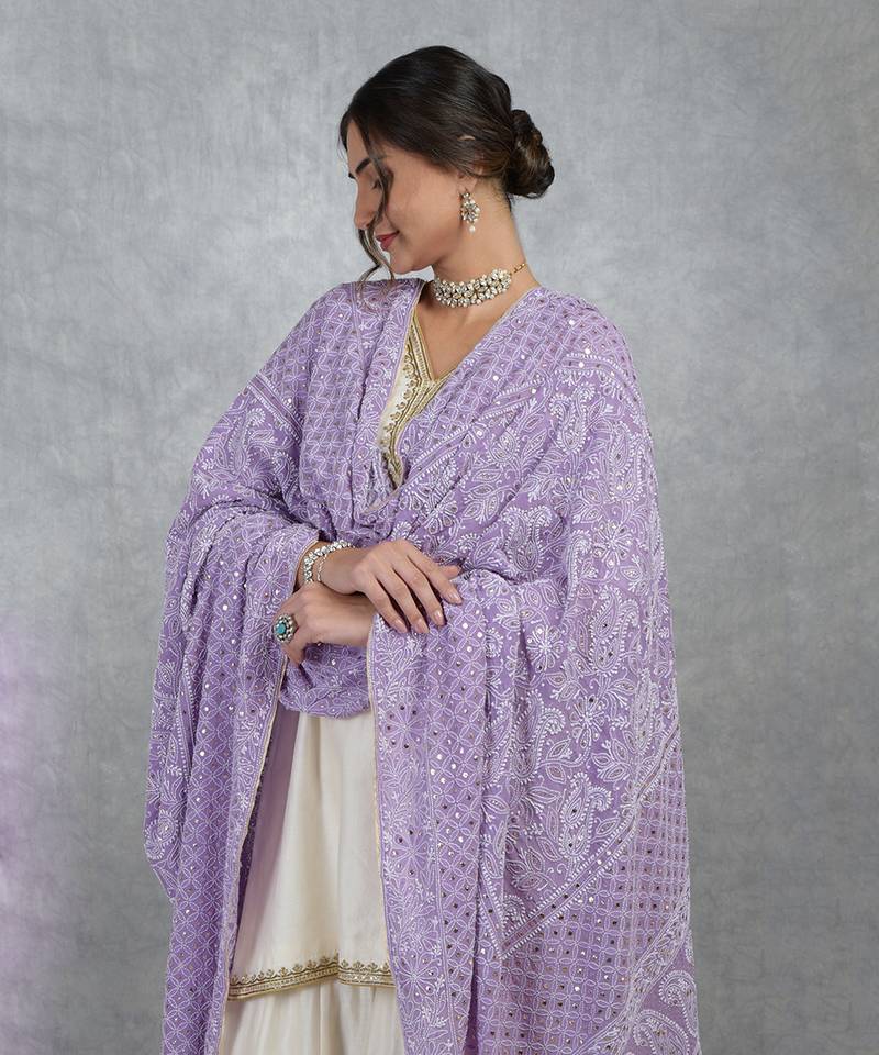 Mulled Grape Chikankari And Kamdani Hand Embroidered Pure Georgette Dupatta