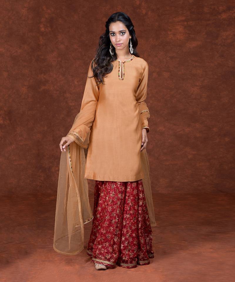 Peach & Maroon Phulkari Embroidered Gharara Set