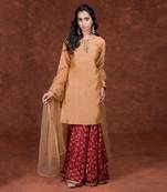 Peach & Maroon Phulkari Embroidered Gharara Set