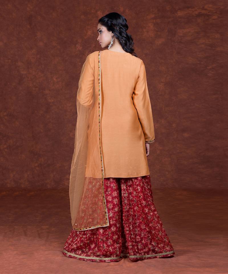 Peach & Maroon Phulkari Embroidered Gharara Set