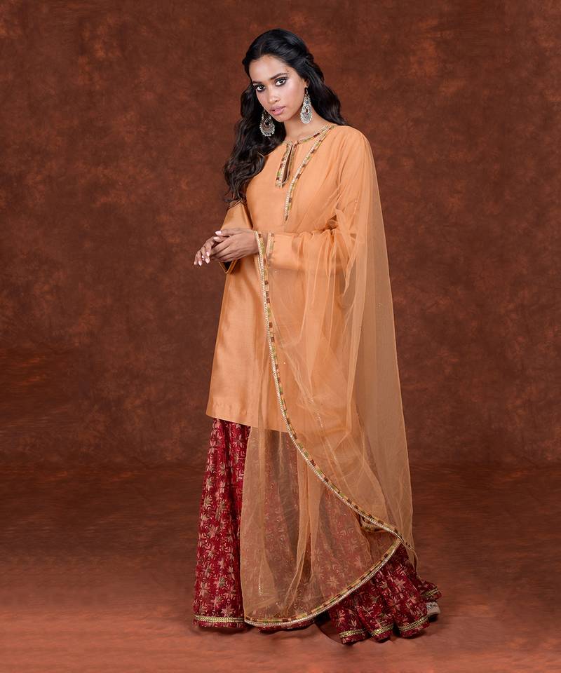 Peach & Maroon Phulkari Embroidered Gharara Set