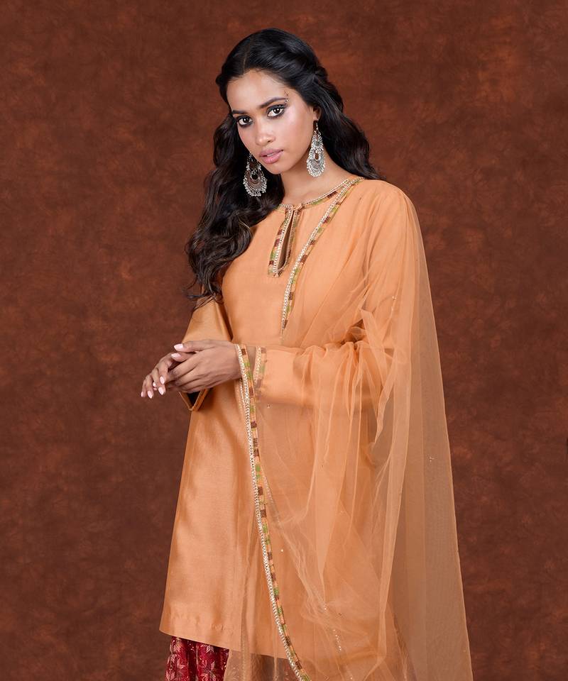 Peach & Maroon Phulkari Embroidered Gharara Set