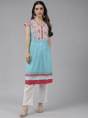 Sky-blue printed cotton ethnic-kurtis 1