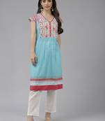 Sky-blue printed cotton ethnic-kurtis