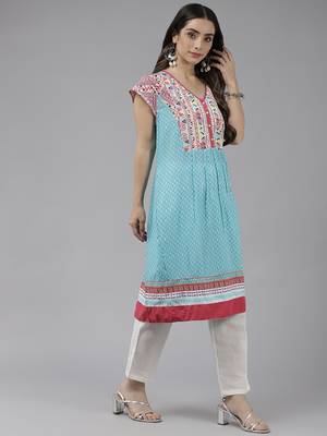 Sky-blue printed cotton ethnic-kurtis 3