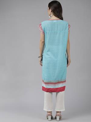 Sky-blue printed cotton ethnic-kurtis 4
