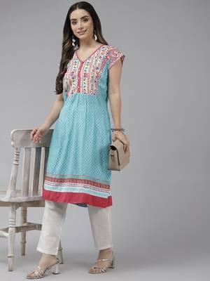 Sky-blue printed cotton ethnic-kurtis 5