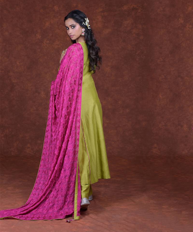 Lime Green & Magenta Phulkari Dupatta Set