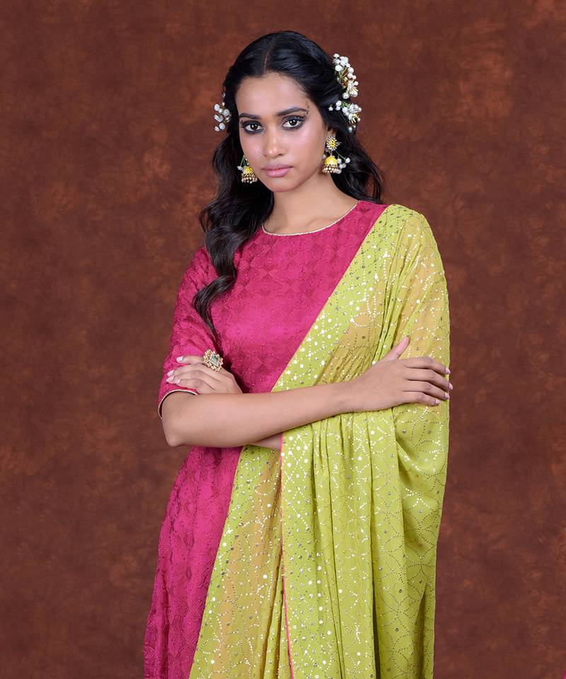 Hot Pink & Lime Green Phulkari Embroidered Anarkali Set