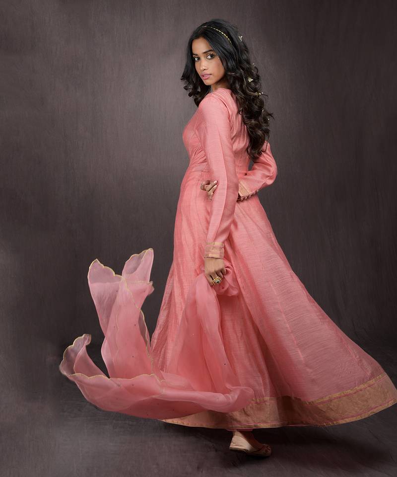 Rose Tan Silk Chanderi Gold Zari Anarkali Set