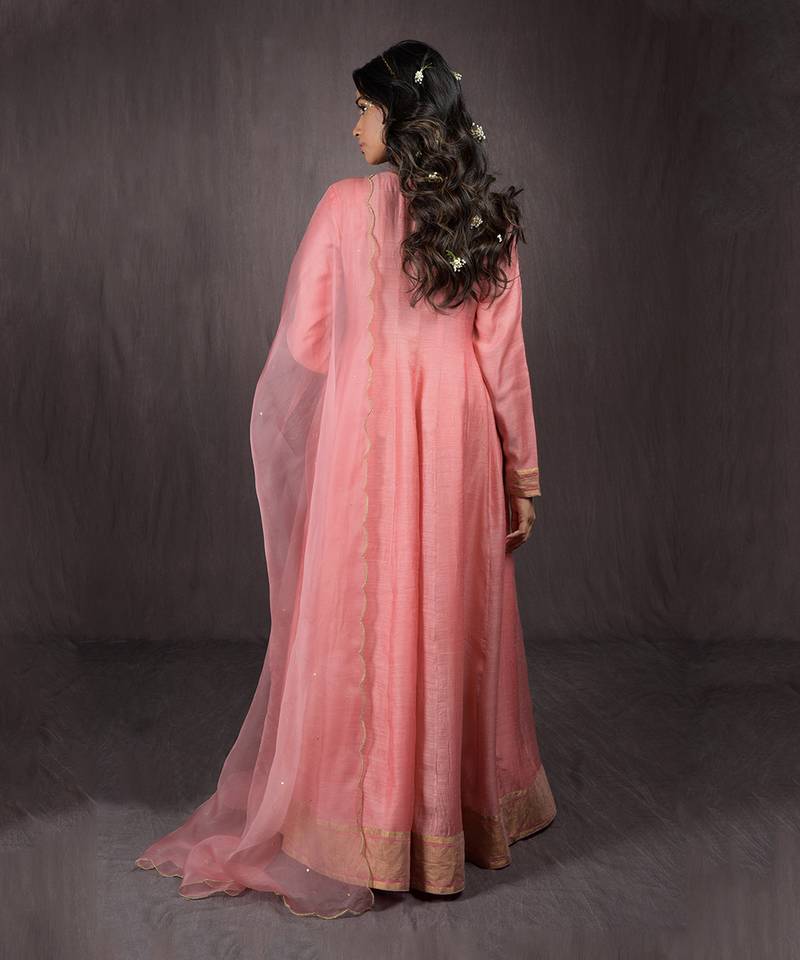 Rose Tan Silk Chanderi Gold Zari Anarkali Set
