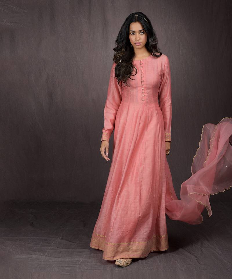 Rose Tan Silk Chanderi Gold Zari Anarkali Set