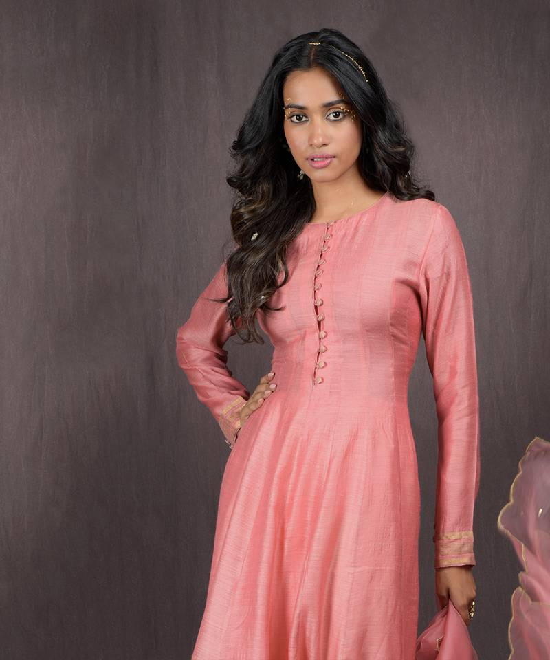 Rose Tan Silk Chanderi Gold Zari Anarkali Set