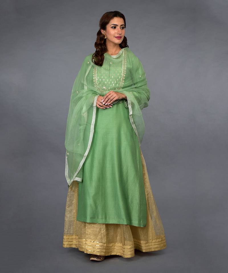 Green Gota Zardozi And Pearl Beads Farshi Palazzo Suit