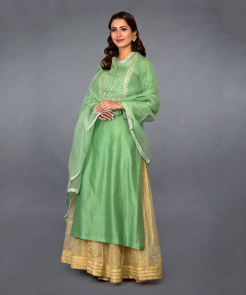 Green Gota Zardozi And Pearl Beads Farshi Palazzo Suit