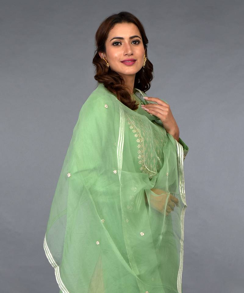 Green Gota Zardozi And Pearl Beads Farshi Palazzo Suit