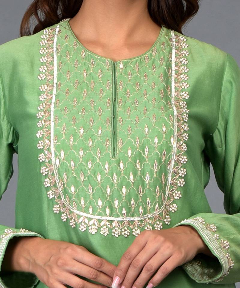 Green Gota Zardozi And Pearl Beads Farshi Palazzo Suit
