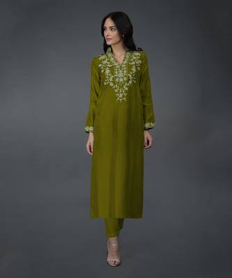 Olive Kashmiri Tilla Embroidered Kurta Set 1