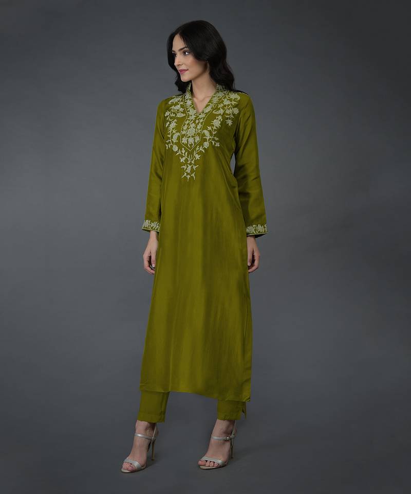 Olive Kashmiri Tilla Embroidered Kurta Set