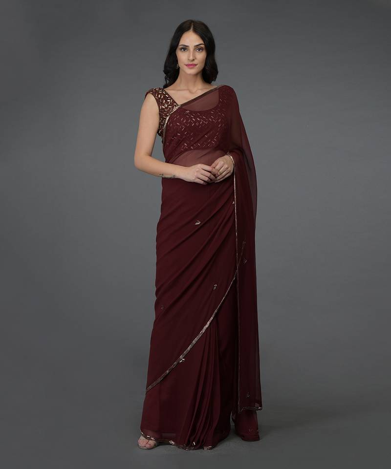 Burgundy Bugle Beads Hand Embroidered Saree & Blouse