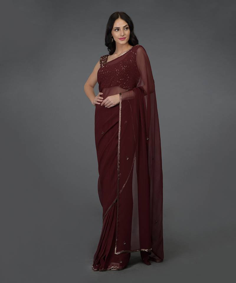 Burgundy Bugle Beads Hand Embroidered Saree & Blouse