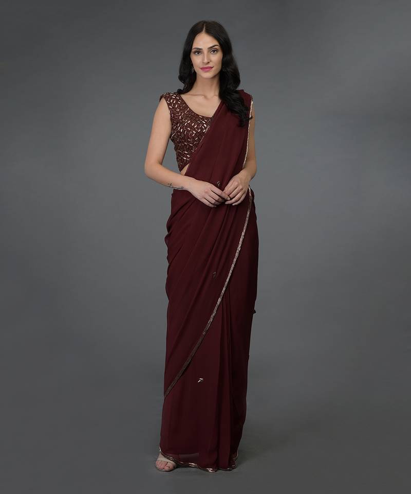 Burgundy Bugle Beads Hand Embroidered Saree & Blouse