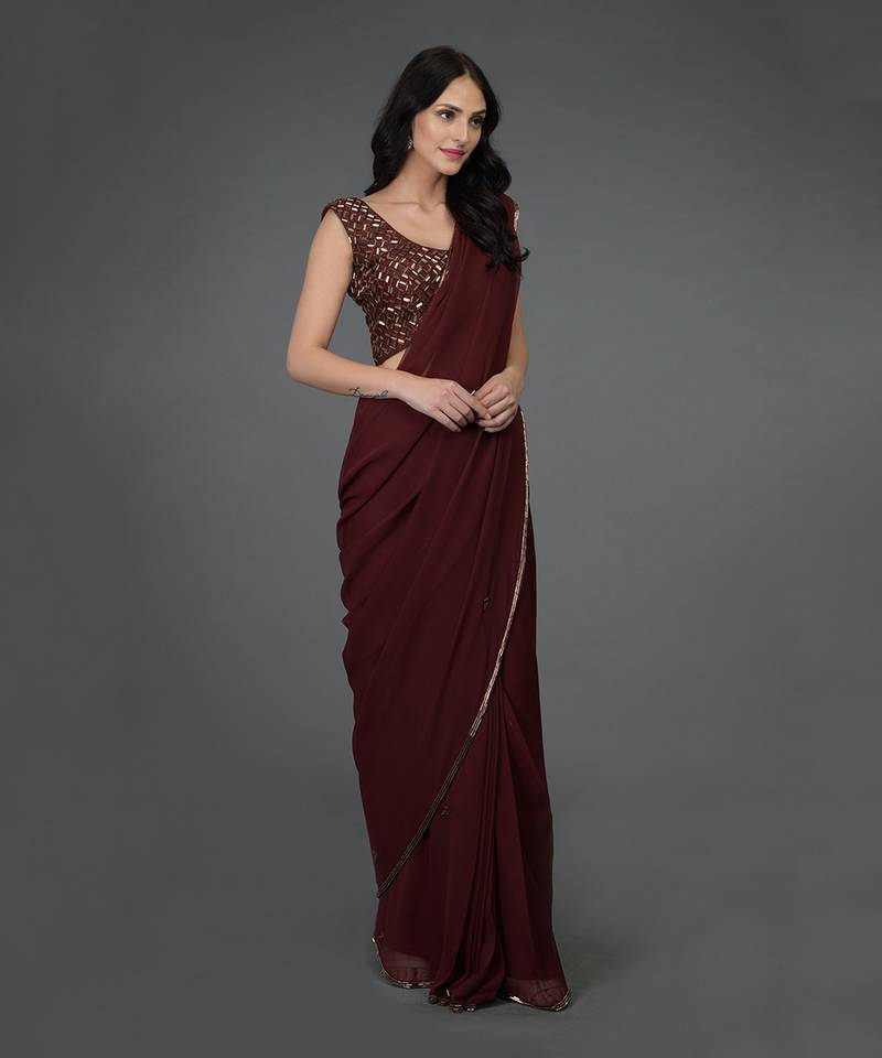 Burgundy Bugle Beads Hand Embroidered Saree & Blouse