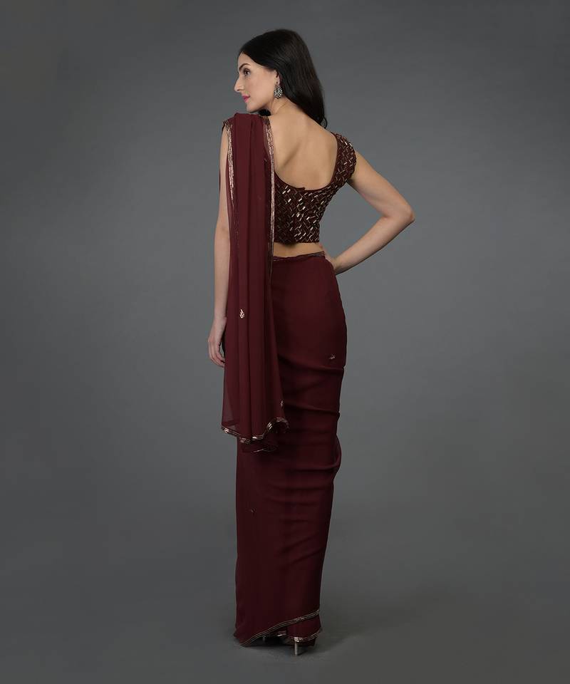 Burgundy Bugle Beads Hand Embroidered Saree & Blouse