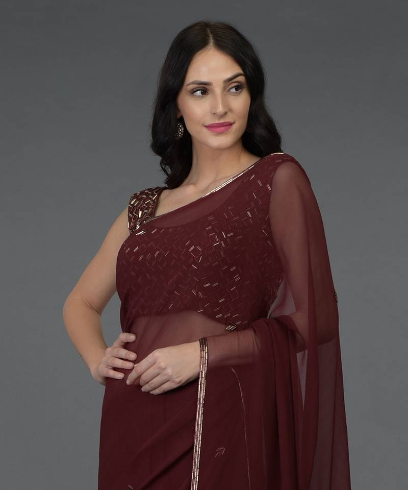 Burgundy Bugle Beads Hand Embroidered Saree & Blouse TALKING THREADS