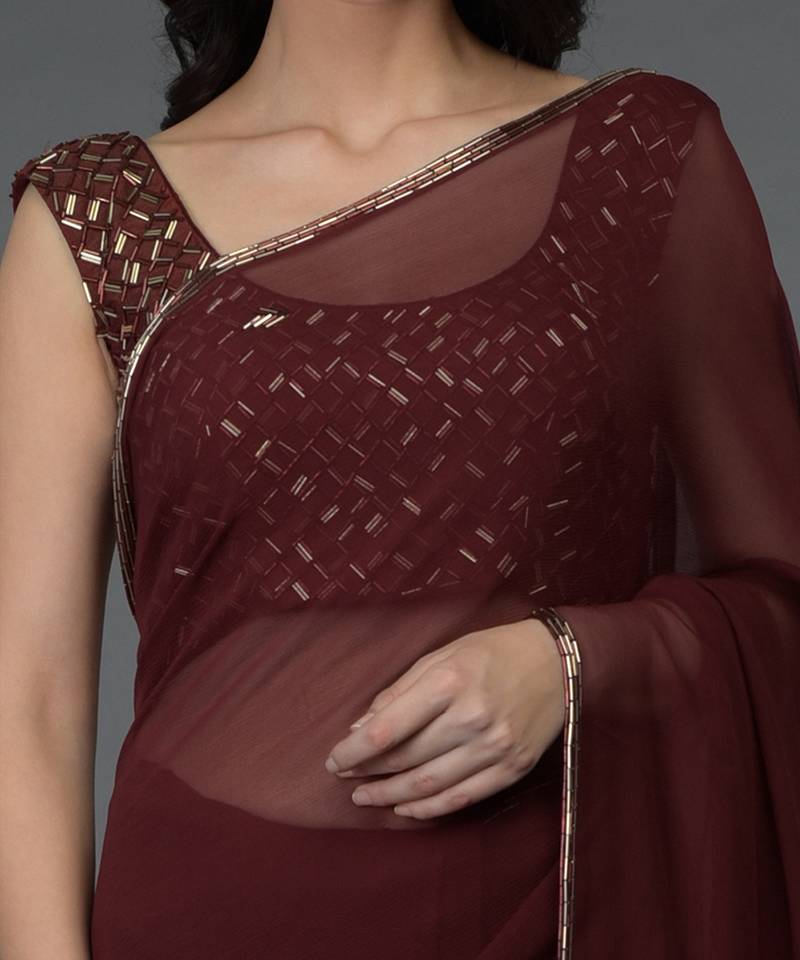Burgundy Bugle Beads Hand Embroidered Saree & Blouse