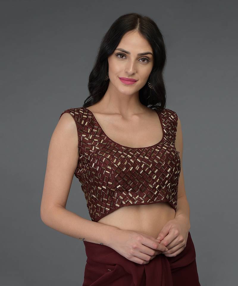 Burgundy Bugle Beads Hand Embroidered Saree & Blouse TALKING THREADS