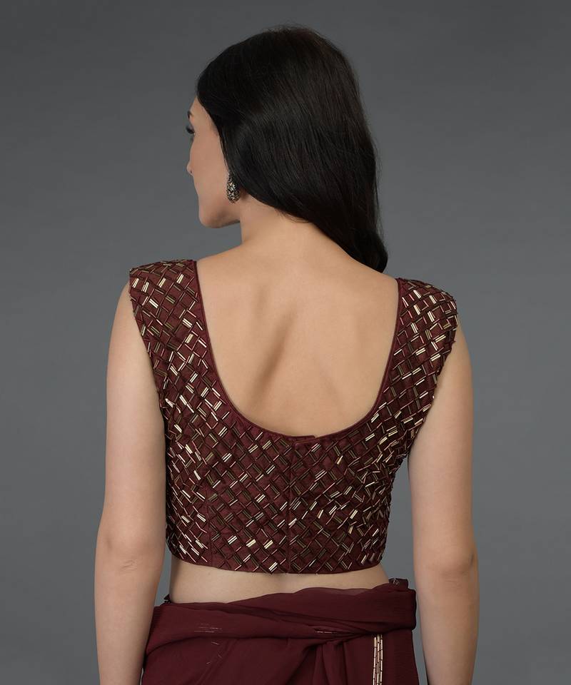 Burgundy Bugle Beads Hand Embroidered Saree & Blouse