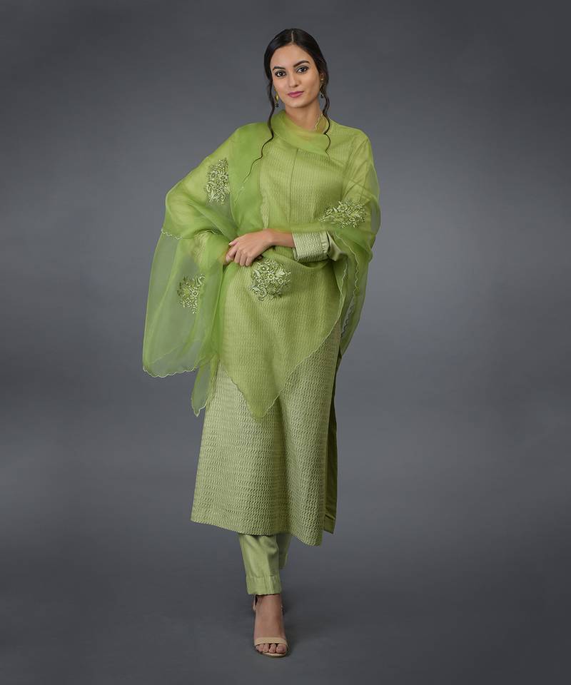 Pista Green Pintuck Silk Kurta Set With Dupatta