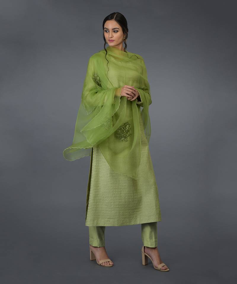 Pista Green Pintuck Silk Kurta Set With Dupatta