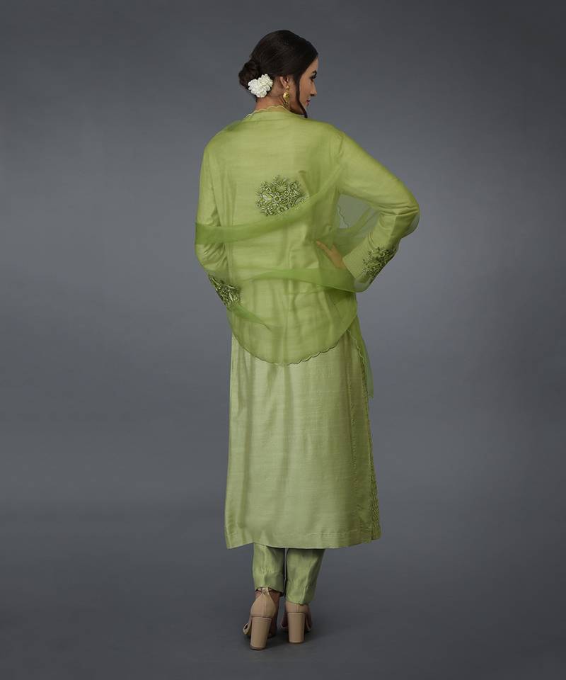Pista Green Pintuck Silk Kurta Set With Dupatta