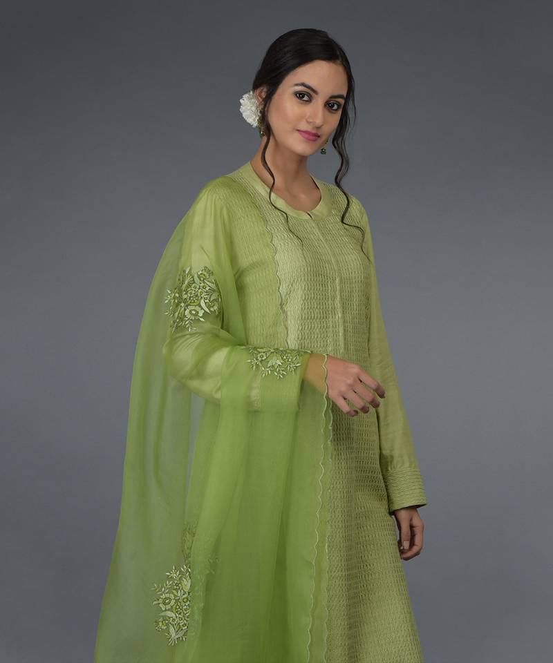 Pista Green Pintuck Silk Kurta Set With Dupatta