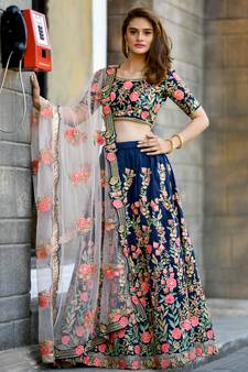 SHUBHKALA navy-blue Resham Embroidered silk UNSTITCHED LEHENGA WITH BLOUSE