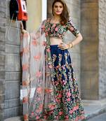 SHUBHKALA navy-blue Resham Embroidered silk UNSTITCHED LEHENGA WITH BLOUSE