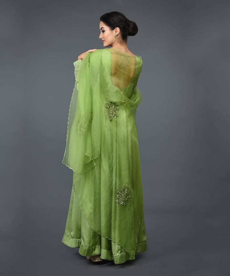 Light Pistachio Green Printed Anarkali Kurta Set with Dupatta for Women