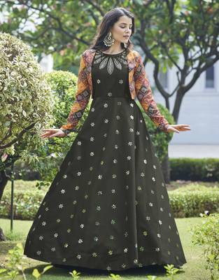 OLIVE THREAD AND SEQUINCE EMBROIDERED WORK COTTON ANARKALI LONG GOWN SEMI STITCHED 1