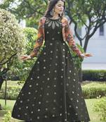 OLIVE THREAD AND SEQUINCE EMBROIDERED WORK COTTON ANARKALI LONG GOWN SEMI STITCHED