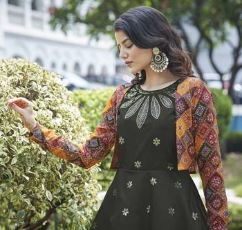 OLIVE THREAD AND SEQUINCE EMBROIDERED WORK COTTON ANARKALI LONG GOWN SEMI STITCHED 2