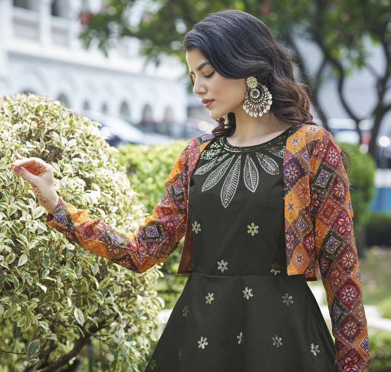 OLIVE THREAD AND SEQUINCE EMBROIDERED WORK COTTON ANARKALI LONG GOWN SEMI STITCHED